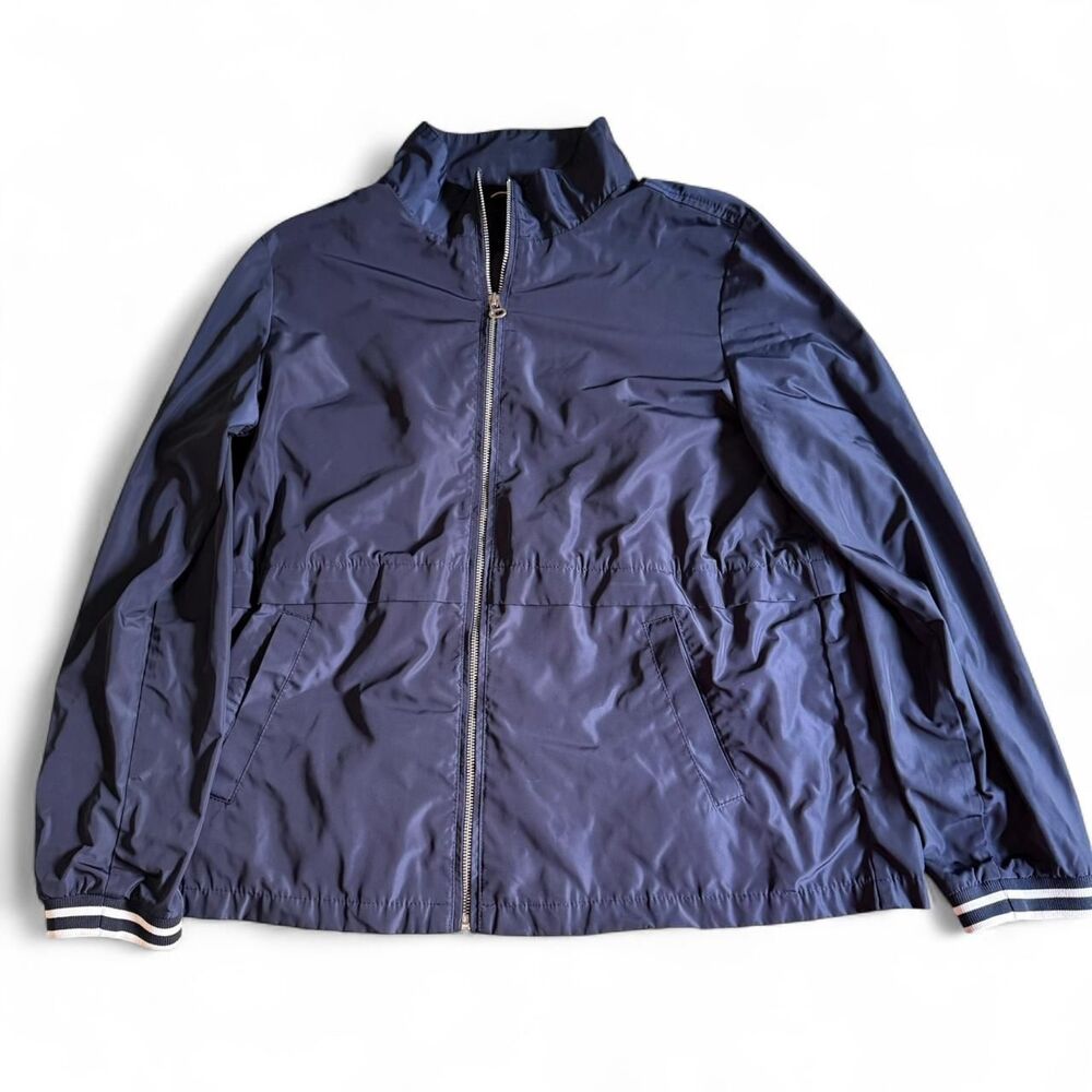 ommy Hilfiger Women's XL Navy Blue Windbreaker Jacket Full Zip Striped Cuffs